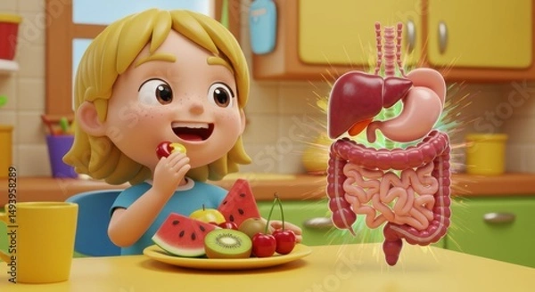 Fototapeta Animated Child Eating Fruit in a Bright Kitchen with 3D Digestive System Illustration