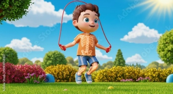 Fototapeta Animated Child Jumping Rope in Bright Park with Vibrant Flora and Blue Sky