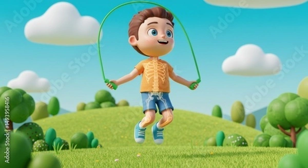 Fototapeta Animated Boy Jumping Rope in a Vibrant, Playful Outdoor Scene
