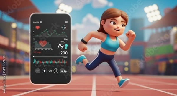 Fototapeta Animated Female Athlete Running at the Track with a Digital Health Monitor Display
