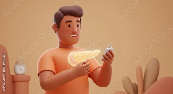 Fototapeta Animated young man enjoying healthy snack in a cozy room with smartphone
