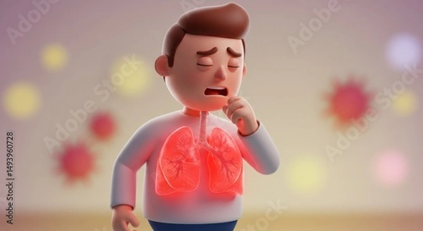 Fototapeta Animated character experiencing respiratory discomfort with graphical virus depiction in background