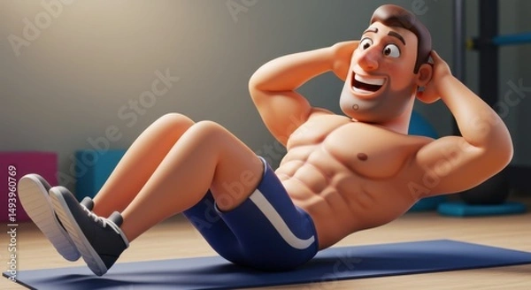 Fototapeta Energetic young man performing abdominal workout on exercise mat in gym