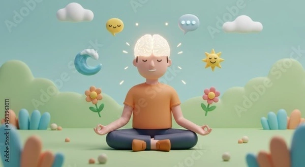 Fototapeta Whimsical cartoon child meditating in a serene dreamlike landscape for mindfulness and relaxation