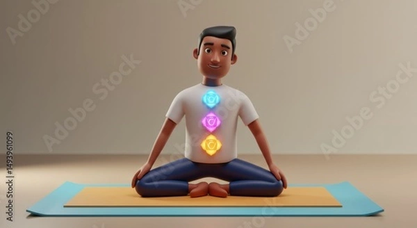Fototapeta Animated character practicing yoga in a digital environment for wellness and mindfulness