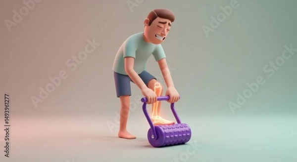 Fototapeta Animated Character Experiencing Discomfort While Using a Roller Massager