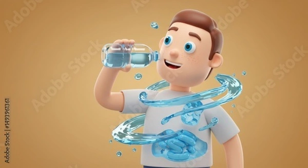 Fototapeta Animated Young Boy Drinking Water from a Bottle with Splash Effect