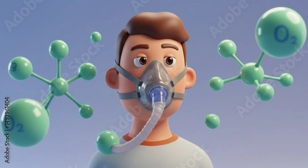 Fototapeta Animated Young Man Using Oxygen Mask with Molecular Structures in Background