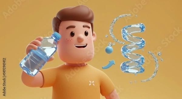 Fototapeta Cartoon Boy with Water Bottle and Dynamic Water Splash Illustration