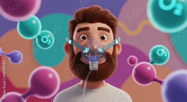Fototapeta Animated man with beard wearing a breathing mask surrounded by colorful microscopic molecules and particles