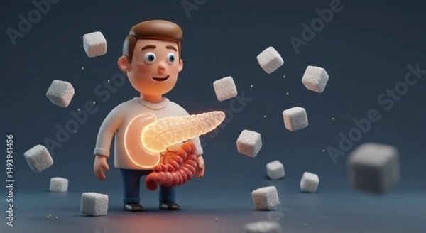 Fototapeta Animated character illustrating internal human digestive system with floating sugar cubes