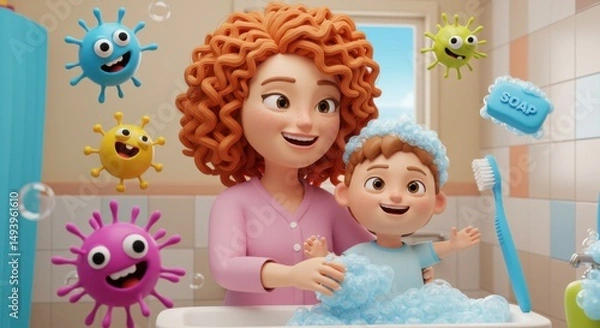 Fototapeta Animated mother and child enjoying bath time with playful germ characters floating around