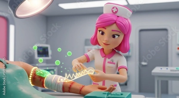 Fototapeta Animated Nurse Caring for Patient with Advanced Medical Technology in Modern Clinic