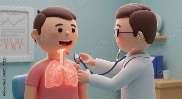 Fototapeta Illustration of a friendly doctor examining a young patient's respiratory health with digital lung display