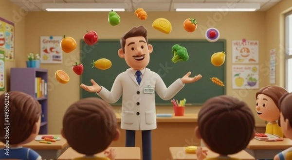 Fototapeta Animated Food Scientist Demonstrating Fruit and Vegetable Sorting in Classroom