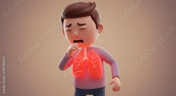 Fototapeta Animated Character Experiencing Lung Discomfort with Highlighted Airways