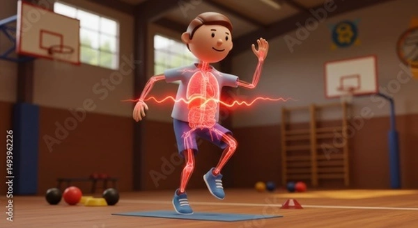 Fototapeta Animated Child Warm-Up Exercise Showing Energy Flow and Movement Dynamics in Indoor Gymnasium