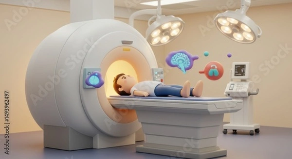 Fototapeta advanced medical imaging procedure in a modern hospital setting with child patient undergoing MRI scan