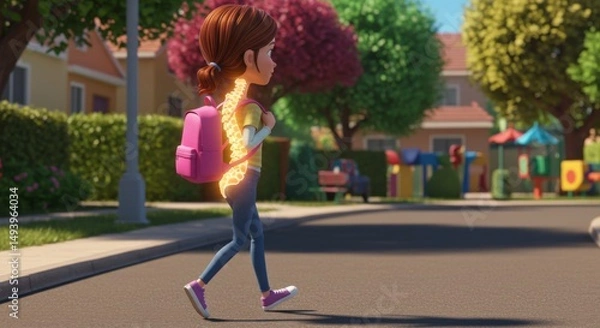 Fototapeta Animated Girl Walking in Neighborhood with Backpack and Highlighted Spine