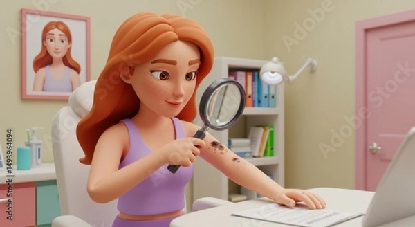 Fototapeta Animated young woman examining skin condition with a magnifying glass in a bright medical office