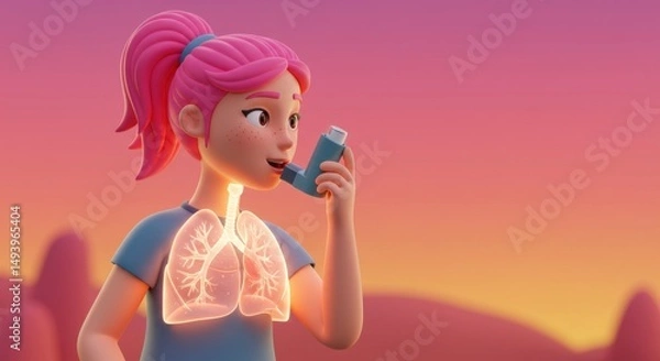 Fototapeta Animated girl with glowing lungs holding inhaler against sunset background