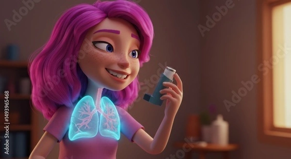 Fototapeta Animated Girl with Pink Hair Examining a Small Object with Illuminated Lungs Design