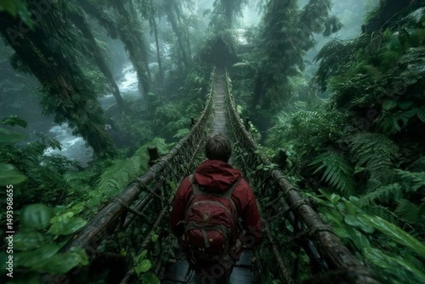 Obraz Adventurer Crossing a Wooden Bridge in a Lush Tropical Rainforest with Dense Vegetation and Wat