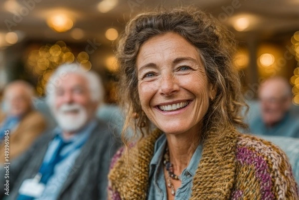 Obraz A warm smile radiates joy in a cozy festive gathering with soft bokeh lights and a group of ch