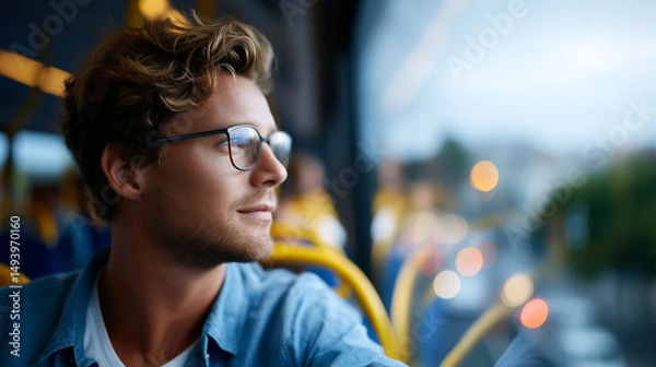 Fototapeta Man in casual clothing leaning toward the window on a crowded bus, blurred city view outside. everyday commute, man on bus, city travel photo, urban movement, candid public transpo