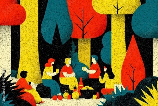 Obraz A vibrant gathering under colorful trees perfect for community nature and outdoor themes