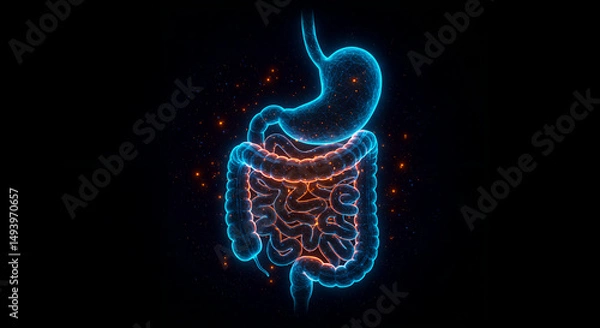 Fototapeta Futuristic digital rendering of child’s digestive system on black background. Concepts: pediatric anatomy, digestive organs, medical technology, child health, neon visualization, healthcare education,