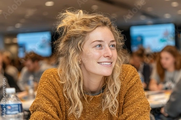 Obraz A smiling individual with curly hair in a classroom setting wearing a cozy sweater and looking