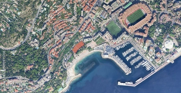 Obraz High-Resolution Aerial View of a Mediterranean Coastal City with a Large Marina
