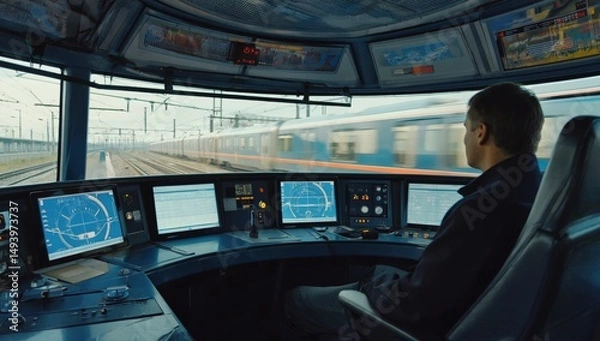 Fototapeta A train operator man navigates a high-tech control cabin, surrounded by digital displays, advanced instruments. The view outside shows a fast-moving train, modern railway transportation, efficiency.