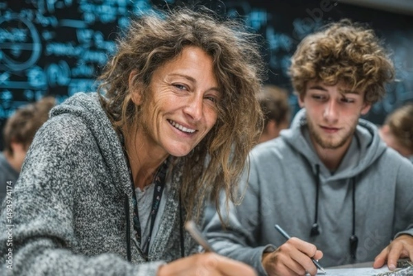 Obraz A smiling individual engaged in a classroom setting surrounded by students and educational mat