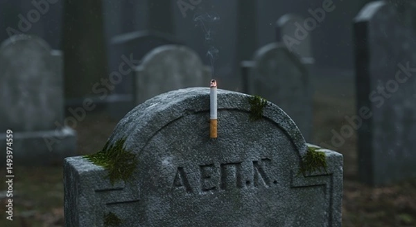 Obraz Smoking Cigarette on a Tombstone in a Cemetery Symbolic of Death
