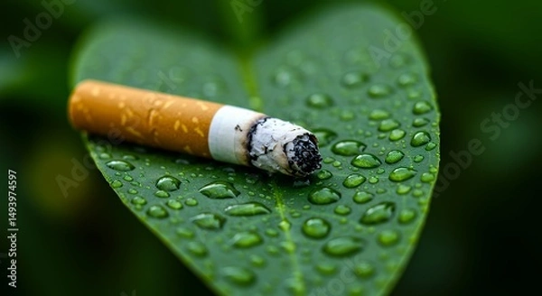 Obraz Smoldering Cigarette Resting on a Green Leaf with Water Droplets