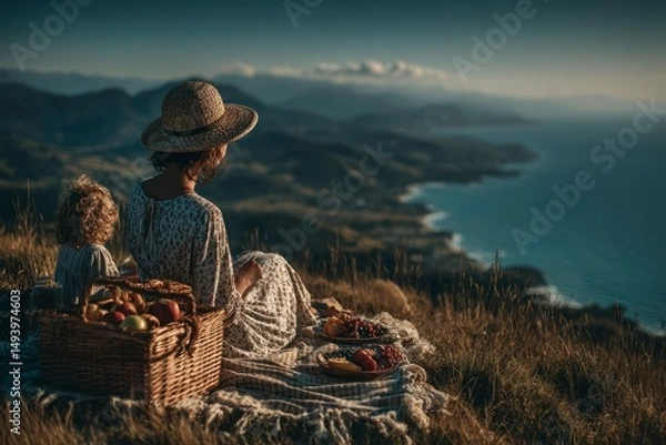 Obraz A serene picnic moment overlooking a breathtaking coastal landscape with mountains in the dista