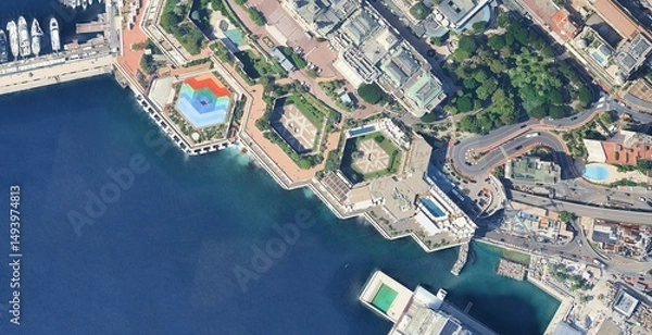 Obraz High-Resolution Aerial View of a Mediterranean Coastal City with a Large Marina