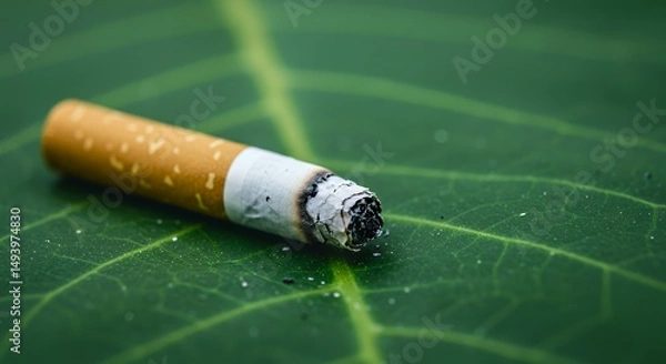 Obraz Smoldering Cigarette Resting on a Vibrant Green Leaf CloseUp View