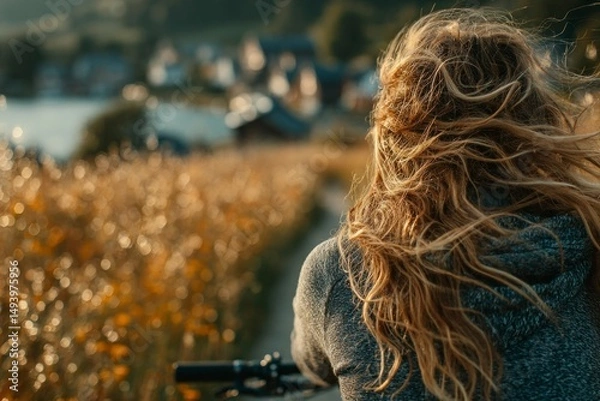 Obraz A person with flowing hair enjoying a scenic outdoor view perfect for themes of freedom and tr