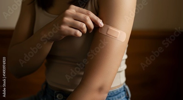 Obraz Woman Applying Adhesive Bandage to Arm After Injection or Vaccination