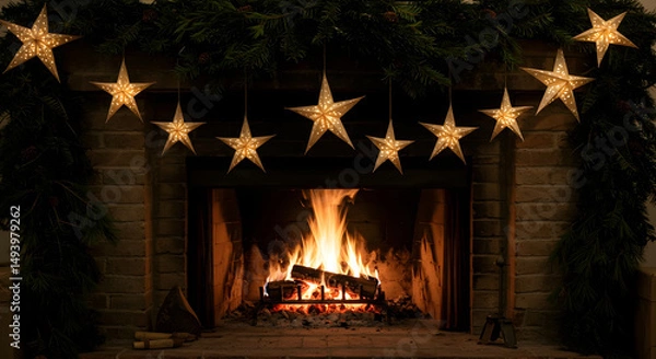 Obraz Warm Fireplace with Star Garland For Holiday Or Christmas Celebration