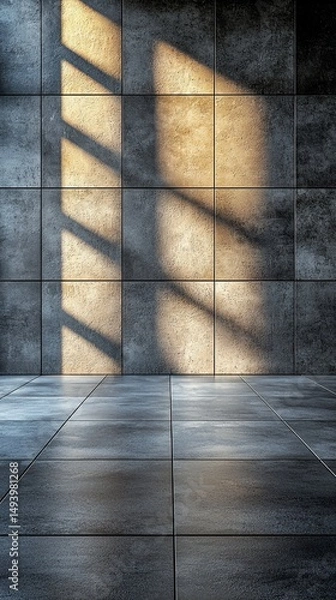 Fototapeta Sunlit interior with tiled floor and wall.  Warm light casts shadows