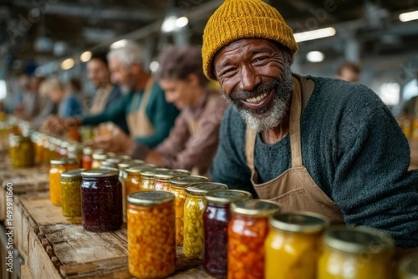 Obraz A cheerful senior worker in a yellow beanie smiles amidst rows of colorful preserved jars at a