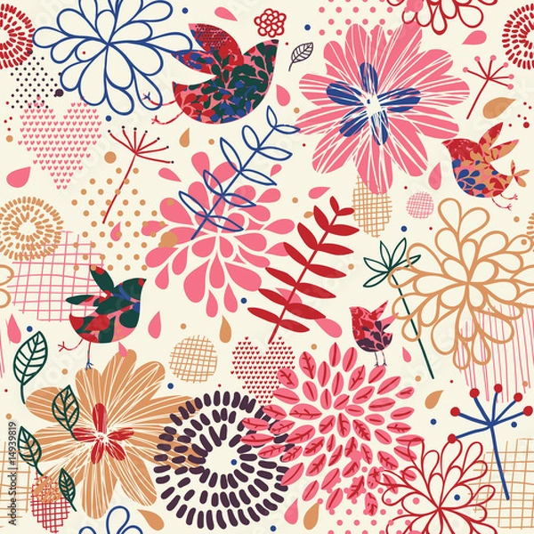 Fototapeta Birds in flowers - abstract seamless pattern