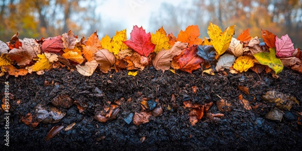 Fototapeta Compost made with layers of vibrant autumn leaves in a natural setting