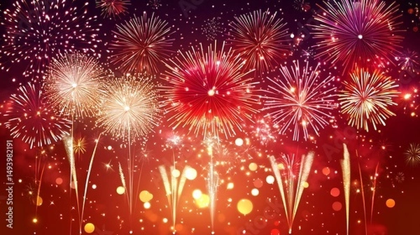 Obraz Festive fireworks display against a vibrant crimson night sky.