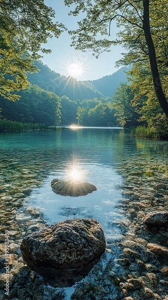 Fototapeta Sunlit lake reflecting sunlight, clear water with rocks visible on the bottom. Lush green forest surrounds the serene waterscape