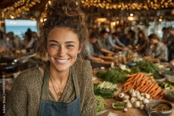 Obraz A cheerful individual in a cozy warmly lit kitchen surrounded by fresh vegetables and bustling